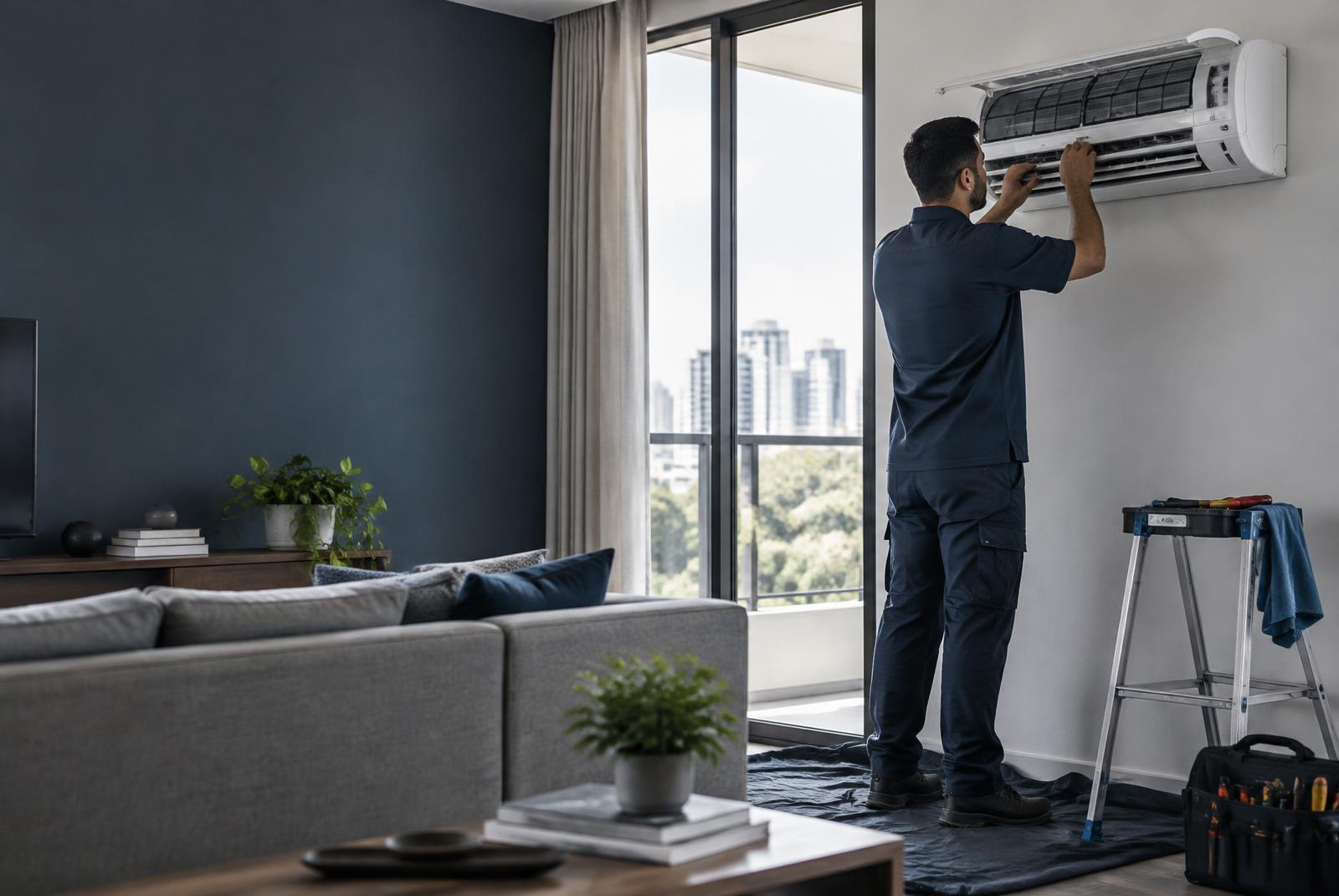 Técnico realizando manutenção em ar-condicionado split em uma residência